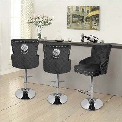 Luxury Black Velvet Swivel Bar Stool With Lion Knocker & Cross Stitch High Back V767-XJJ613-BK-G1