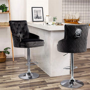 Luxury Black Velvet Swivel Bar Stool With Lion Knocker & Cross Stitch High Back V767-XJJ613-BK-G1