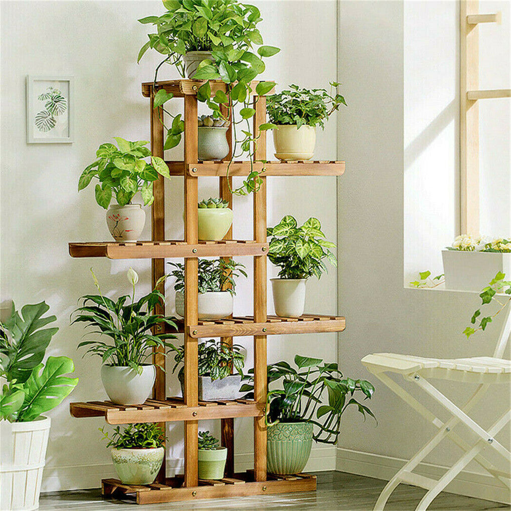 Fin Xxl Carbonized Wood Plant Stand 11 Pots Bonsai Display Shelf Flower Rack Corner V767-XJJ788