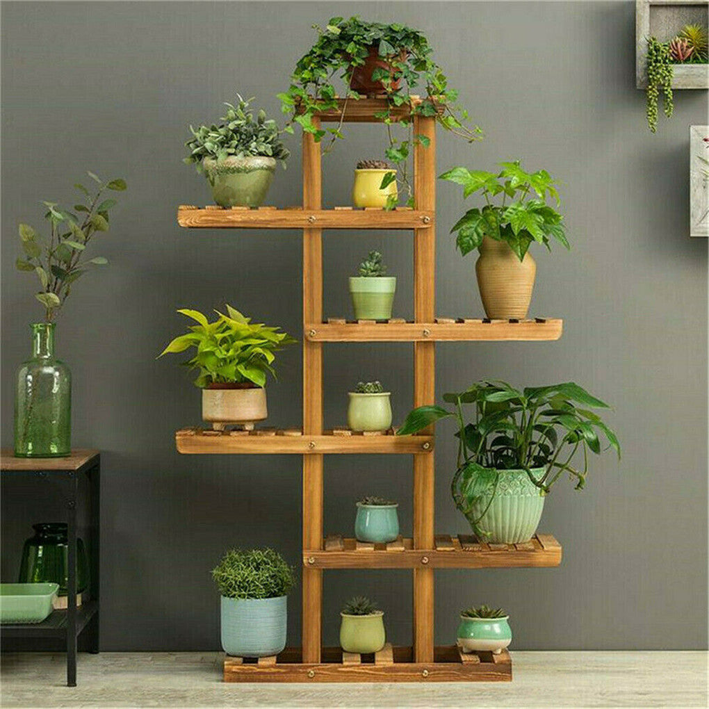 Fin Xxl Carbonized Wood Plant Stand 11 Pots Bonsai Display Shelf Flower Rack Corner V767-XJJ788