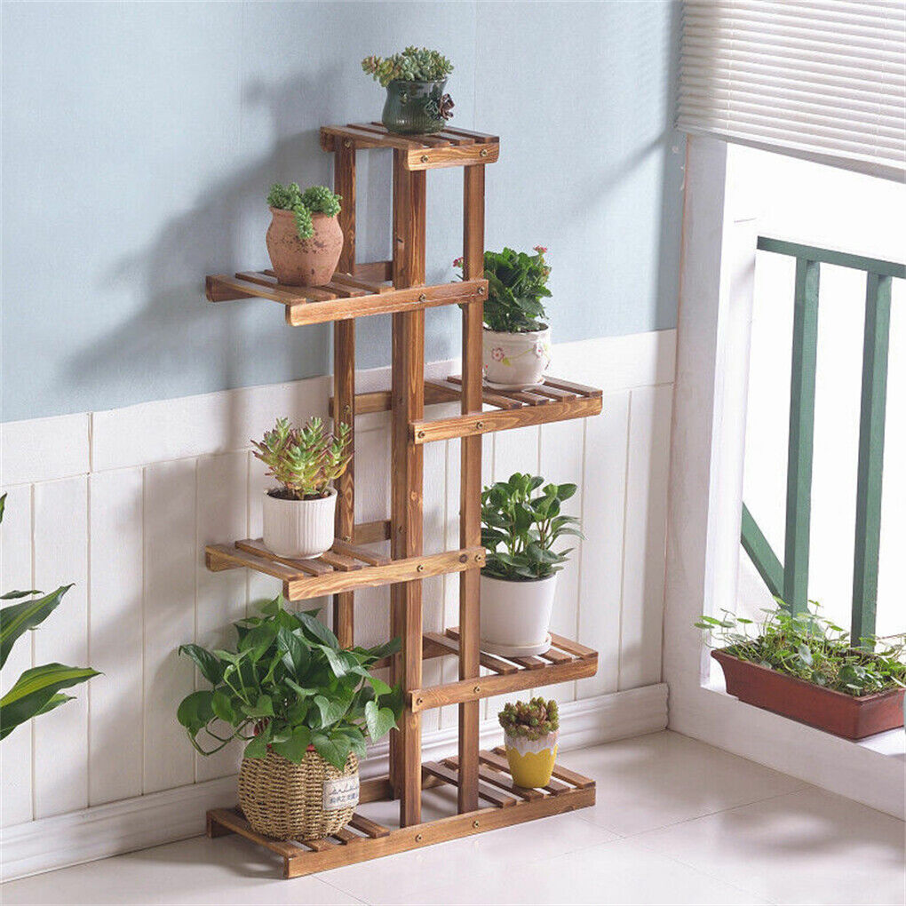 Fin Xxl Carbonized Wood Plant Stand 11 Pots Bonsai Display Shelf Flower Rack Corner V767-XJJ788