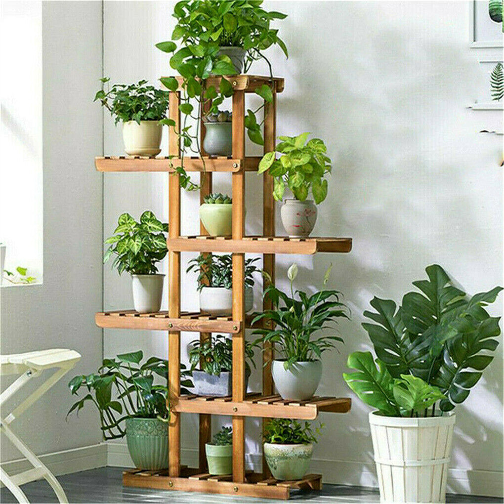 Fin Xxl Carbonized Wood Plant Stand 11 Pots Bonsai Display Shelf Flower Rack Corner V767-XJJ788