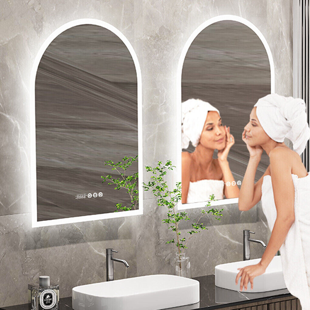 Arch Dimmable Led Bathroom Vanity Mirror w Antifog Temperature Date Time Display V767-XMR-T28-713-AU-V1