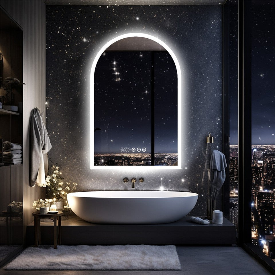 Arch Dimmable Led Bathroom Vanity Mirror w Antifog Temperature Date Time Display V767-XMR-T28-713-AU-V1