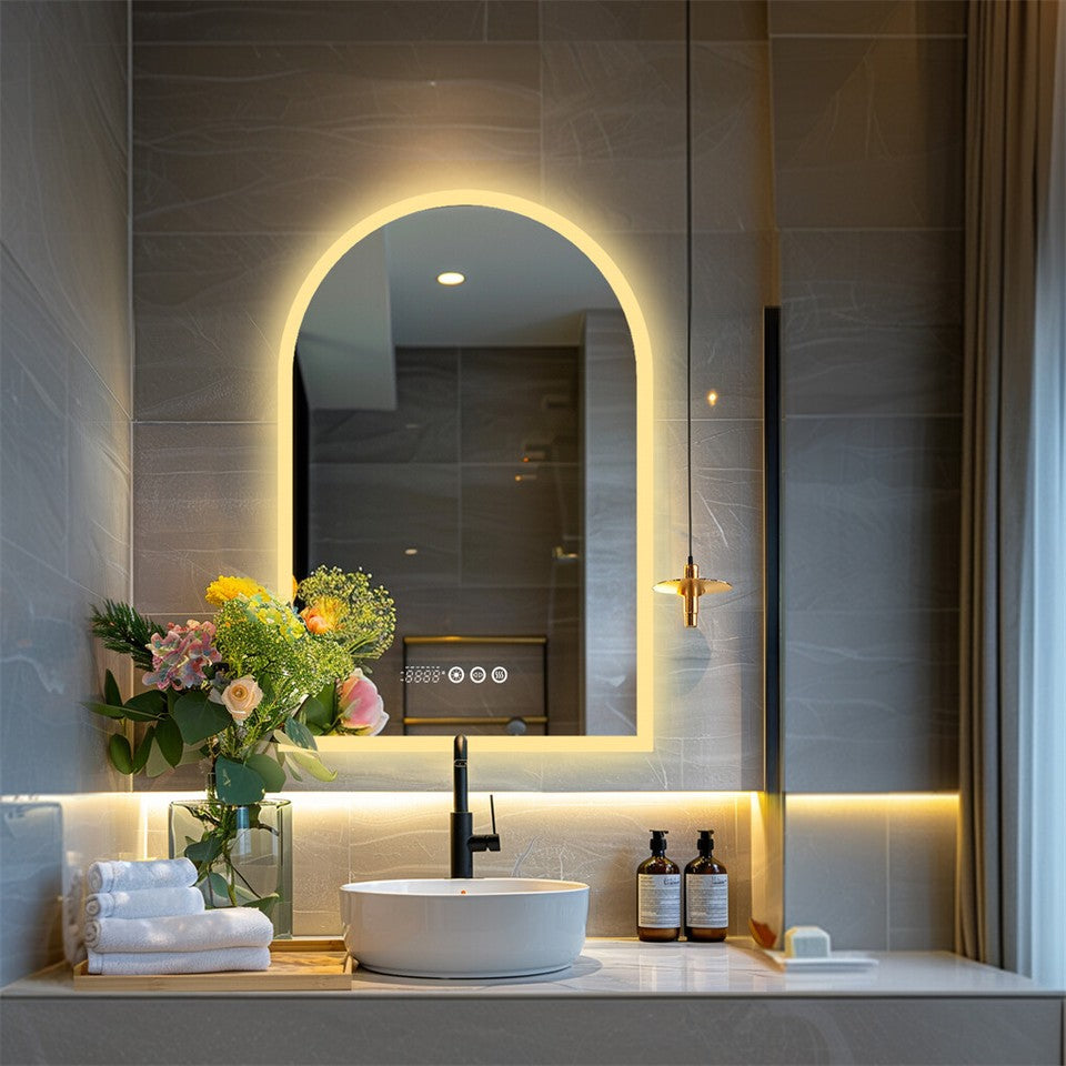 Arch Dimmable Led Bathroom Vanity Mirror w Antifog Temperature Date Time Display V767-XMR-T28-713-AU-V1