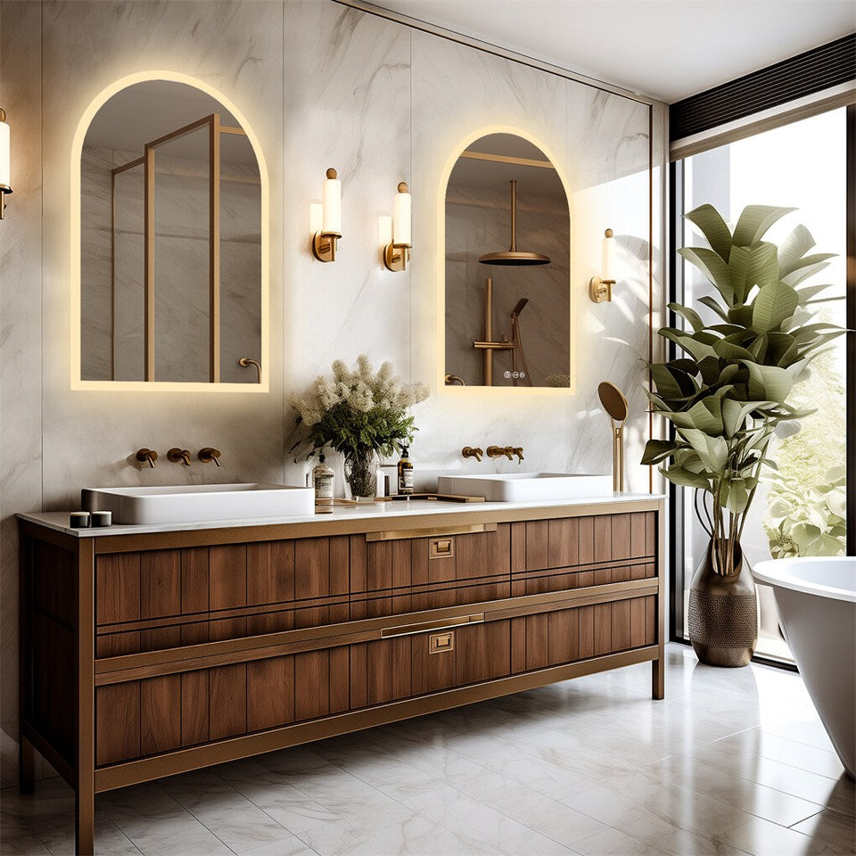 Arch Dimmable Led Bathroom Vanity Mirror w Antifog Temperature Date Time Display V767-XMR-T28-713-AU-V1