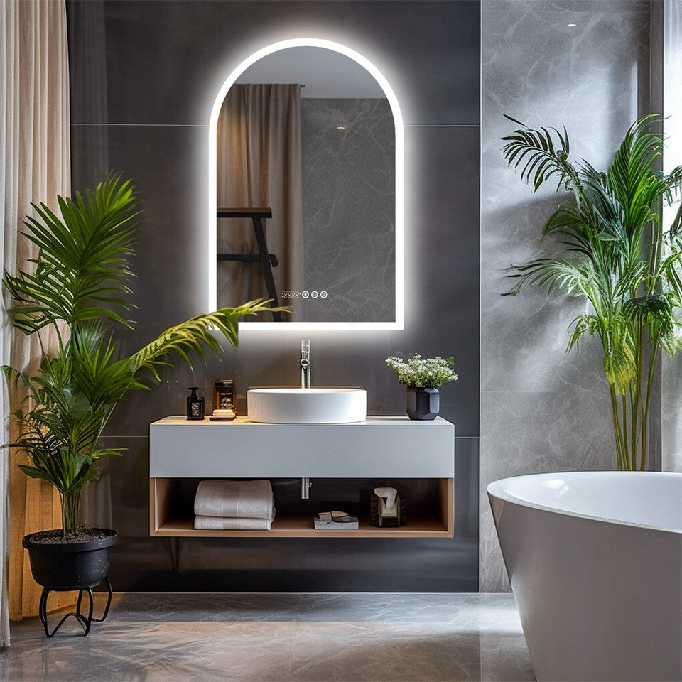 Arch Dimmable Led Bathroom Vanity Mirror w Antifog Temperature Date Time Display V767-XMR-T28-713-AU-V1
