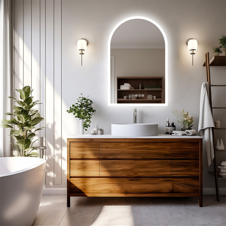 Arch Dimmable Led Bathroom Vanity Mirror w Antifog Temperature Date Time Display V767-XMR-T28-713-AU-V1
