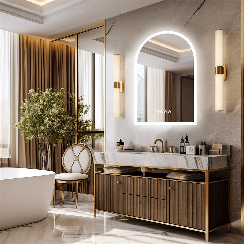 Arch Dimmable Led Bathroom Vanity Mirror w Antifog Temperature Date Time Display V767-XMR-T28-713-AU-V1