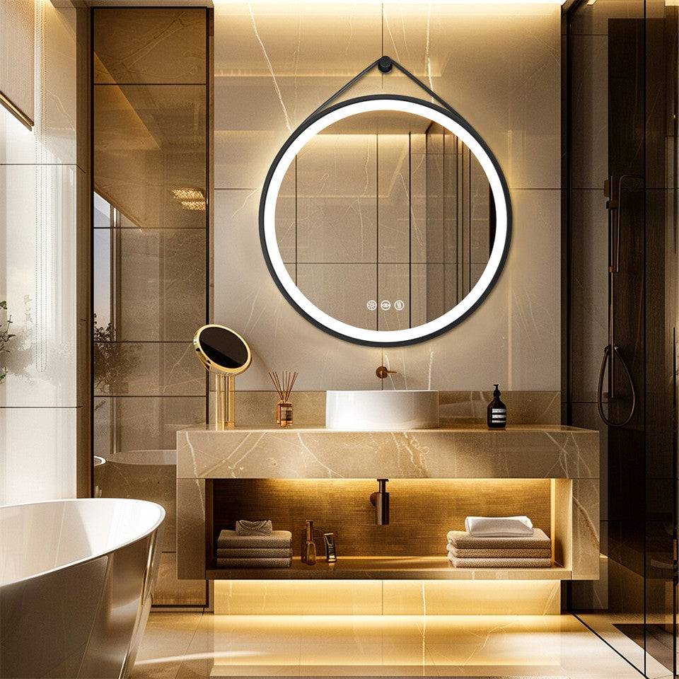 Round 700mm LED Bathroom Mirror with Leather Strap - Anti-Fog Dimmable Backlit Vanity Mirror - Wall Hanging V767-XMR-Y18-967-AU