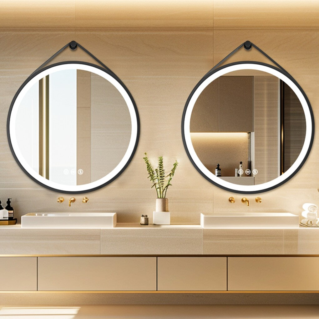 Round 700mm LED Bathroom Mirror with Leather Strap - Anti-Fog Dimmable Backlit Vanity Mirror - Wall Hanging V767-XMR-Y18-967-AU