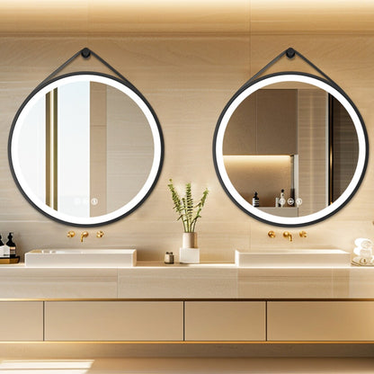 Round 700mm LED Bathroom Mirror with Leather Strap - Anti-Fog Dimmable Backlit Vanity Mirror - Wall Hanging V767-XMR-Y18-967-AU