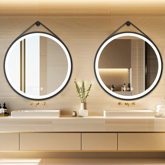 Round 700mm LED Bathroom Mirror with Leather Strap - Anti-Fog Dimmable Backlit Vanity Mirror - Wall Hanging V767-XMR-Y18-967-AU