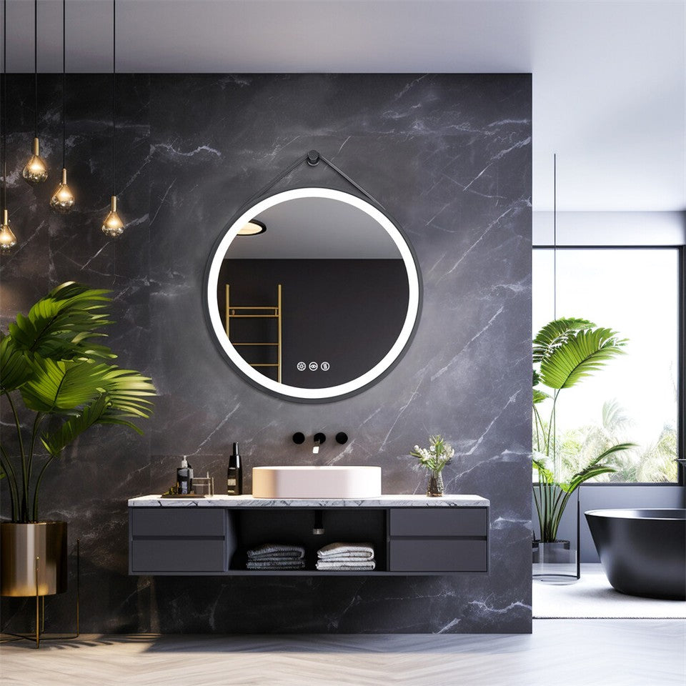 Round 700mm LED Bathroom Mirror with Leather Strap - Anti-Fog Dimmable Backlit Vanity Mirror - Wall Hanging V767-XMR-Y18-967-AU