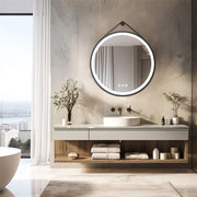 Round 700mm LED Bathroom Mirror with Leather Strap - Anti-Fog Dimmable Backlit Vanity Mirror - Wall Hanging V767-XMR-Y18-967-AU