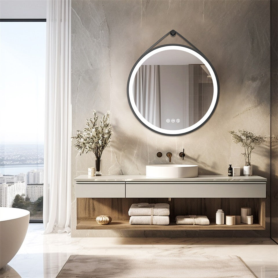 Round 700mm LED Bathroom Mirror with Leather Strap - Anti-Fog Dimmable Backlit Vanity Mirror - Wall Hanging V767-XMR-Y18-967-AU