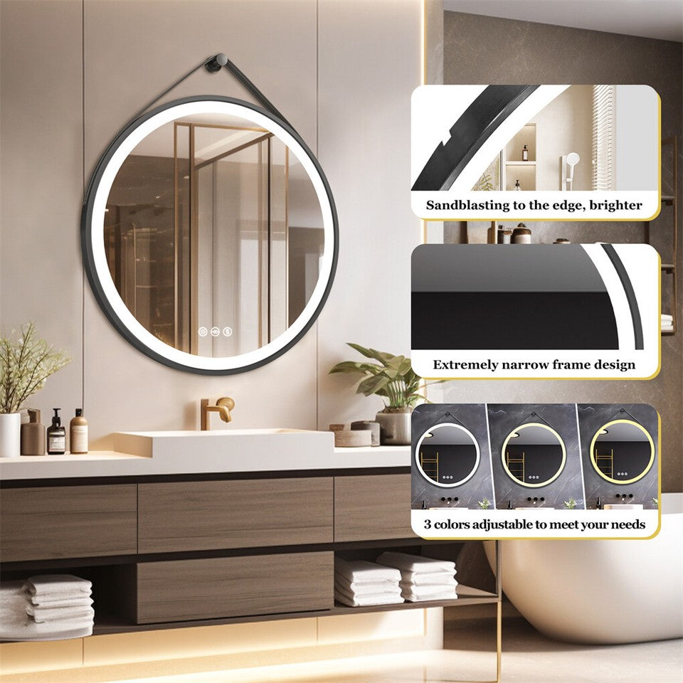 Round 700mm LED Bathroom Mirror with Leather Strap - Anti-Fog Dimmable Backlit Vanity Mirror - Wall Hanging V767-XMR-Y18-967-AU