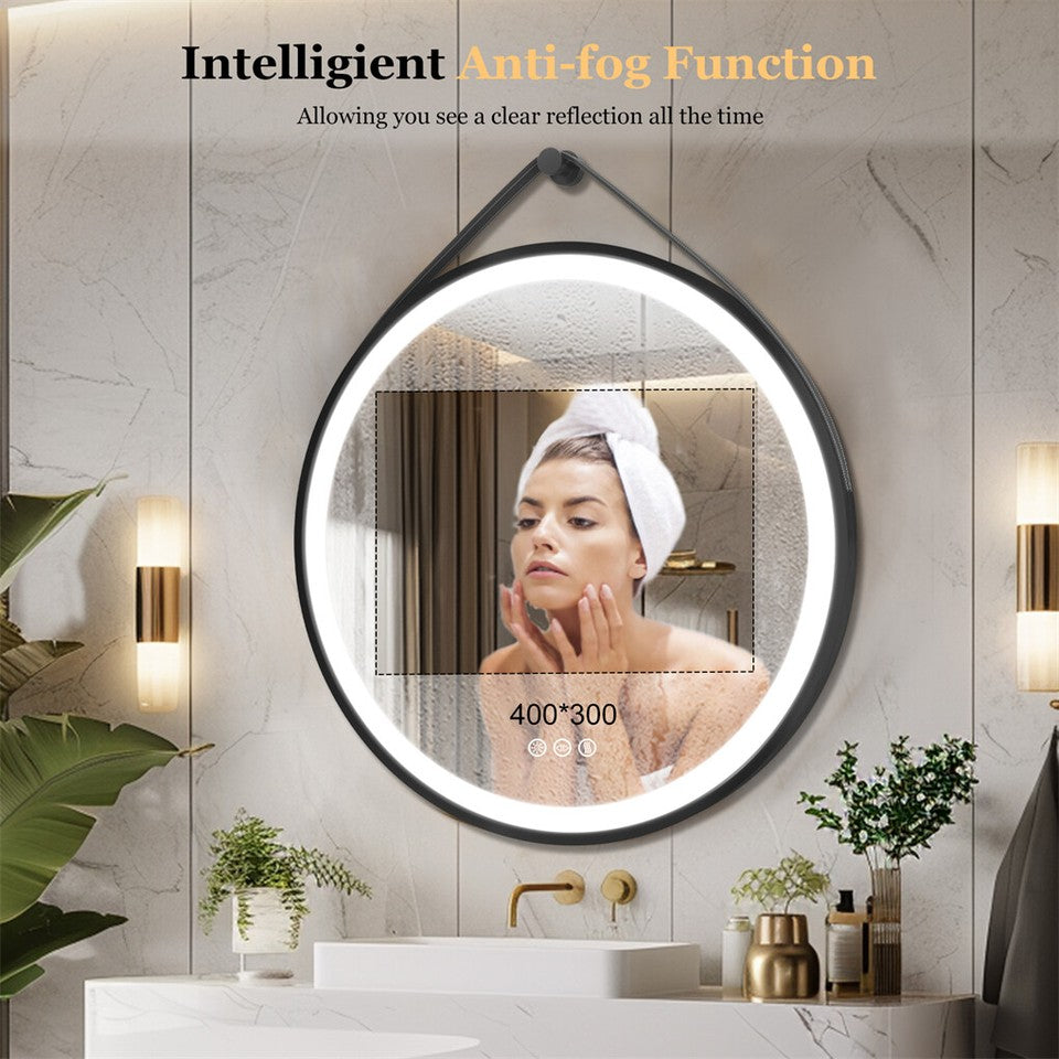 Round 700mm LED Bathroom Mirror with Leather Strap - Anti-Fog Dimmable Backlit Vanity Mirror - Wall Hanging V767-XMR-Y18-967-AU