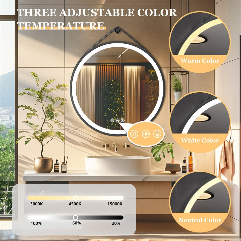 Round 700mm LED Bathroom Mirror with Leather Strap - Anti-Fog Dimmable Backlit Vanity Mirror - Wall Hanging V767-XMR-Y18-967-AU