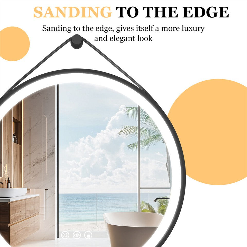Round 700mm LED Bathroom Mirror with Leather Strap - Anti-Fog Dimmable Backlit Vanity Mirror - Wall Hanging V767-XMR-Y18-967-AU
