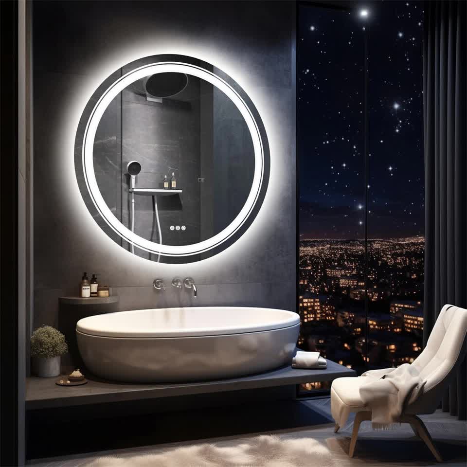 P&P Silver Mirror With White Frame Round LED Bathroom Mirror V767-XMR-Y28-628-AU-V1