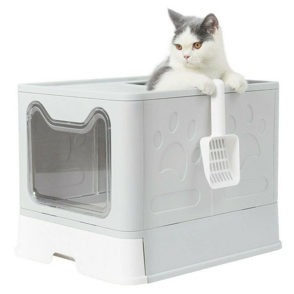 Self-Cleaning Hooded Cat Litter Box Enclosed Large Kitty Toilet Box Tray Refills V767-XPET124-GY