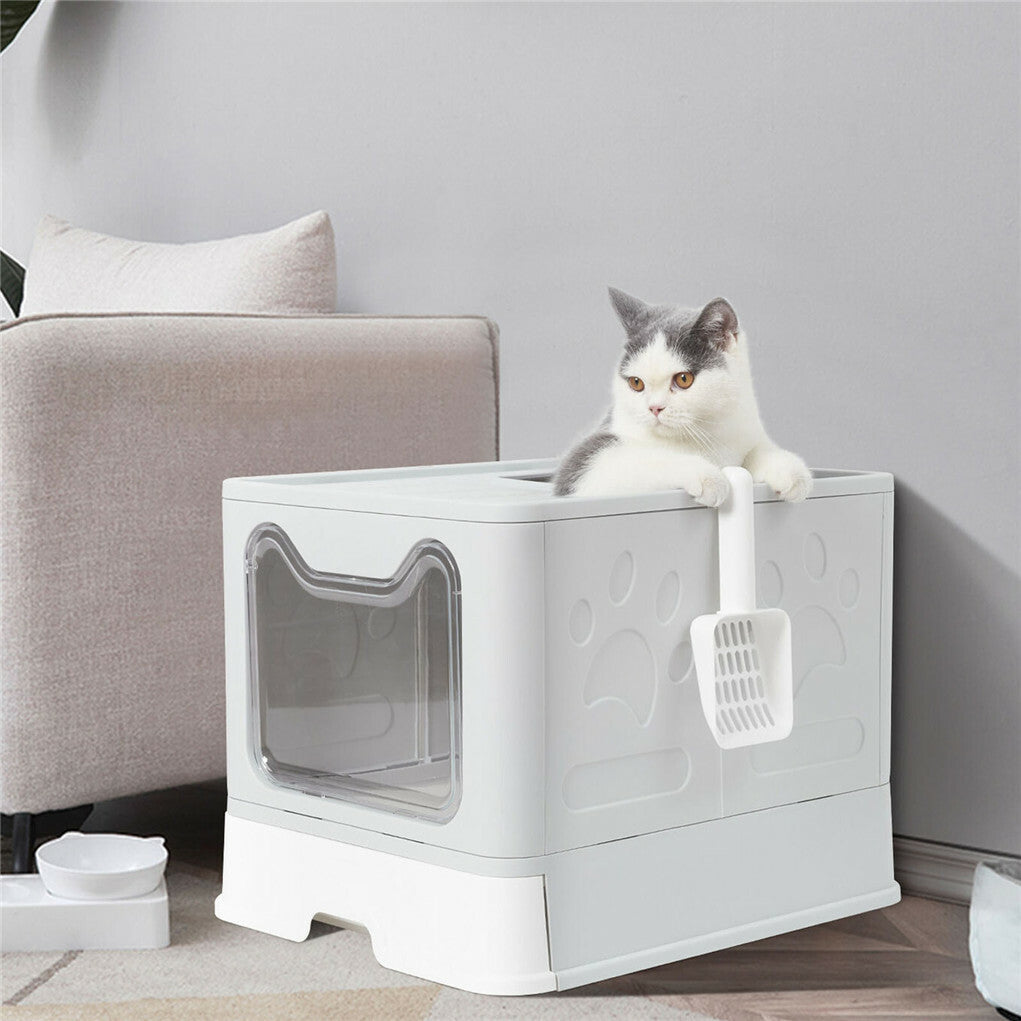 Self-Cleaning Hooded Cat Litter Box Enclosed Large Kitty Toilet Box Tray Refills V767-XPET124-GY