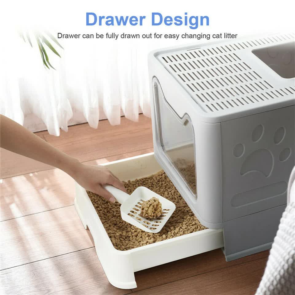Self-Cleaning Hooded Cat Litter Box Enclosed Large Kitty Toilet Box Tray Refills V767-XPET124-GY