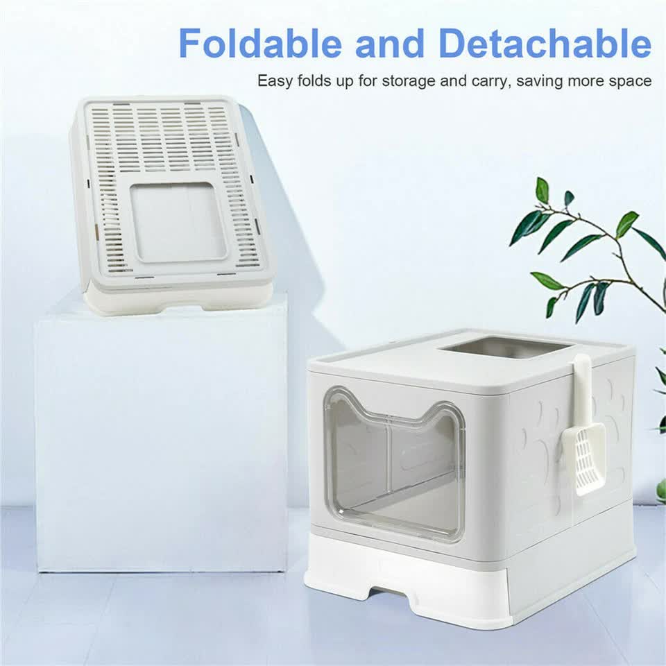 Self-Cleaning Hooded Cat Litter Box Enclosed Large Kitty Toilet Box Tray Refills V767-XPET124-GY