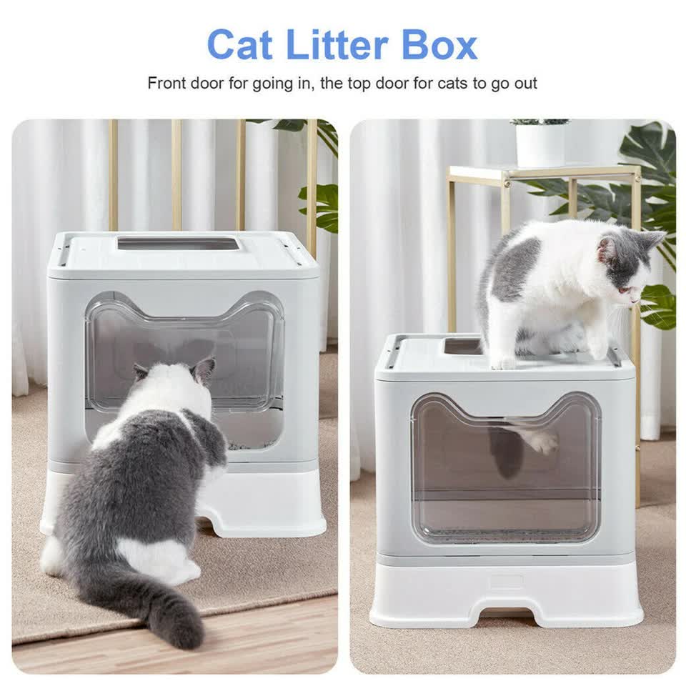 Self-Cleaning Hooded Cat Litter Box Enclosed Large Kitty Toilet Box Tray Refills V767-XPET124-GY