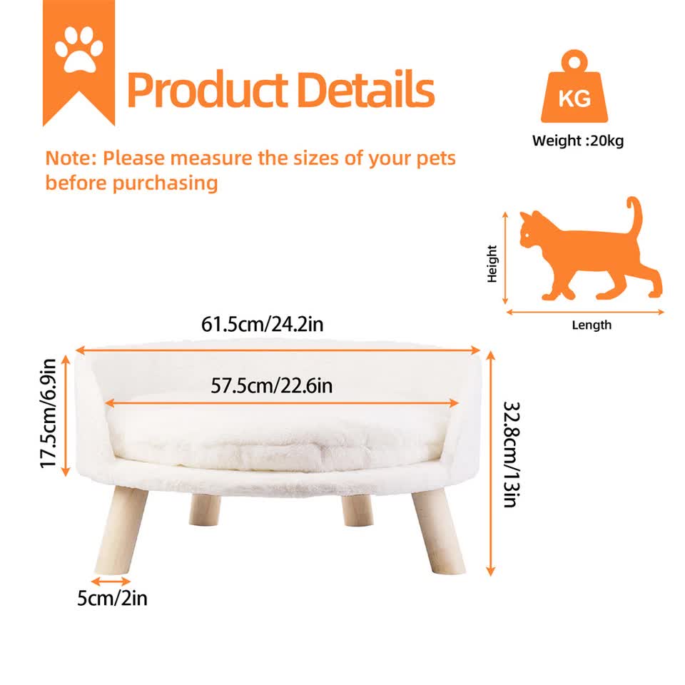 Pet Sofa Bed with Plush Cushion & Wooden Legs V767-XPET82-40CM