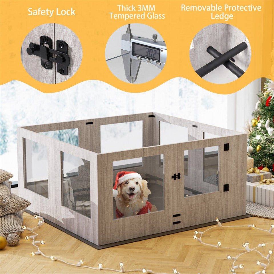 Fin 8 Panel Safest Tempered Glass Dog Whelping Pen Box Shatter-Proof Playpen Exercise Box V767-XPETGHWL-12
