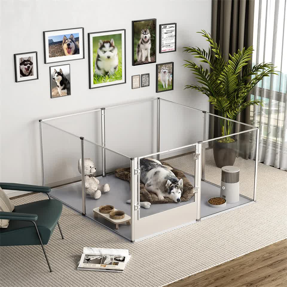 81cm Highest Acrylic Dog Whelping Pen Box Safe Aluminum Frame Pet Playpen w/ Mat V767-XPETSYL-13S-V1