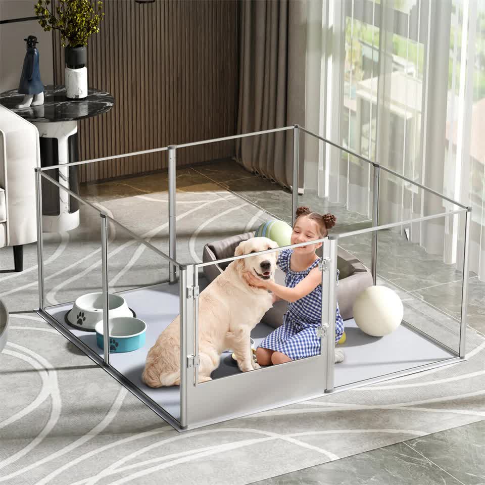 81cm Highest Acrylic Dog Whelping Pen Box Safe Aluminum Frame Pet Playpen w/ Mat V767-XPETSYL-13S-V1