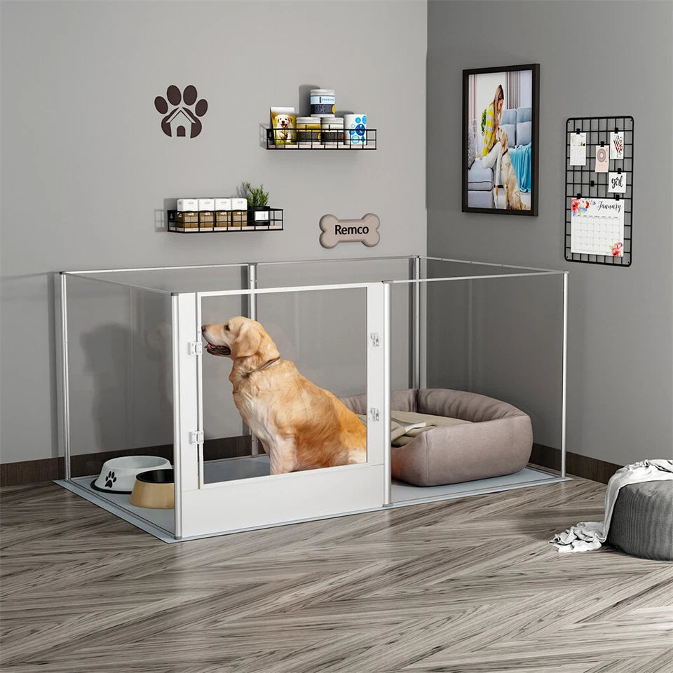Silver Transparent Acrylic 6 Panel Dog Playpen Indoor Fence Whelping Box with Lock Door V767-XPETSYL-16S-V1