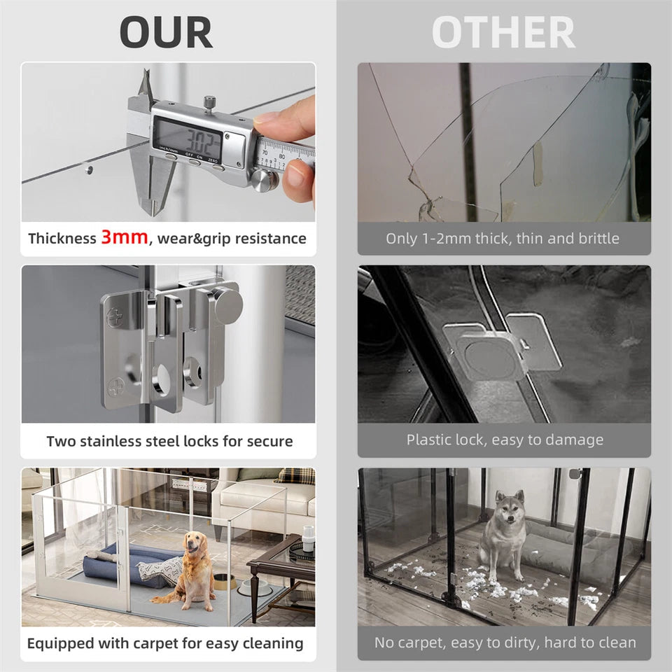Silver Transparent Acrylic 6 Panel Dog Playpen Indoor Fence Whelping Box with Lock Door V767-XPETSYL-16S-V1