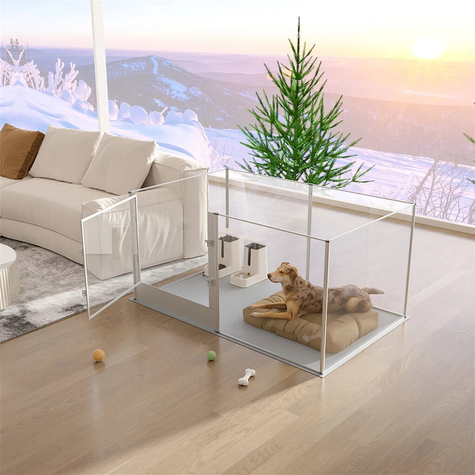 Silver Transparent Acrylic 6 Panel Dog Playpen Indoor Fence Whelping Box with Lock Door V767-XPETSYL-16S-V1