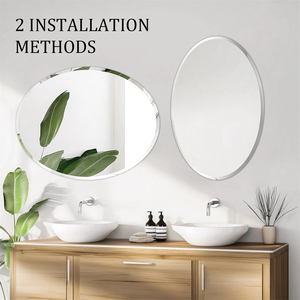 Beveled Edge Oval Wall Mirror, Frameless Decorative Glass Mirror for Bathroom, Living Room, Entryway, Hallway V767-YSJ-XB161-37