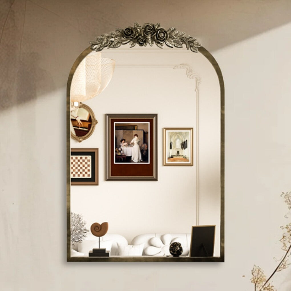 Antique Baroque Arched Wall Mirror Rose Edge Decorative Mirror Fireplace Entryway V767-YSJ-Z113-S