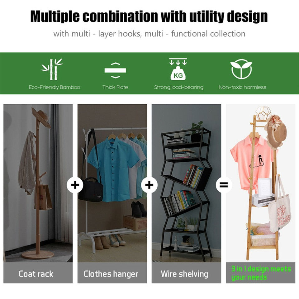 3 Layer 8 Hooks Shelf Clothes Coat Hat Rack Tree Stand Bamboo Hanger Organizer V767-ZJJ150