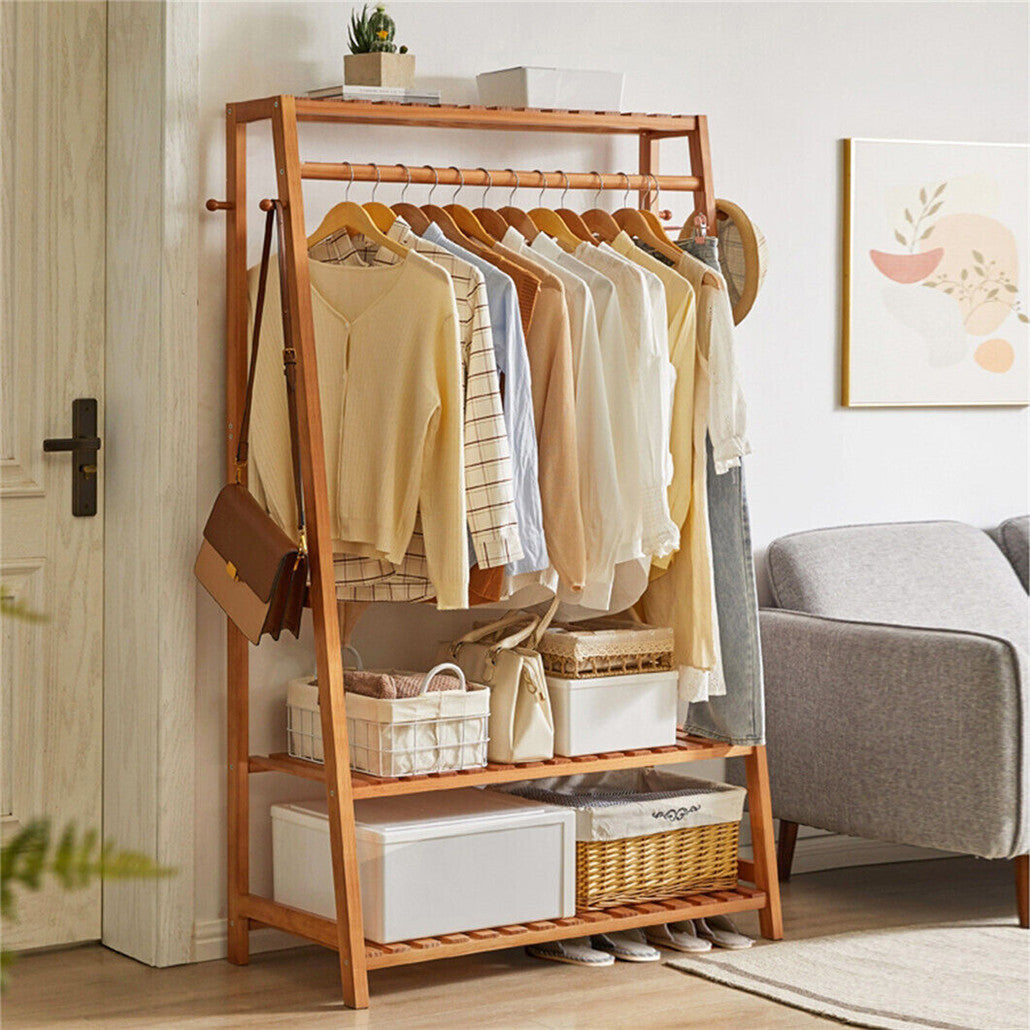 Bamboo Clothes Hanging Garment Rack Portable Laundry Rack Closet Storage Shelves V767-ZJJ174-G2