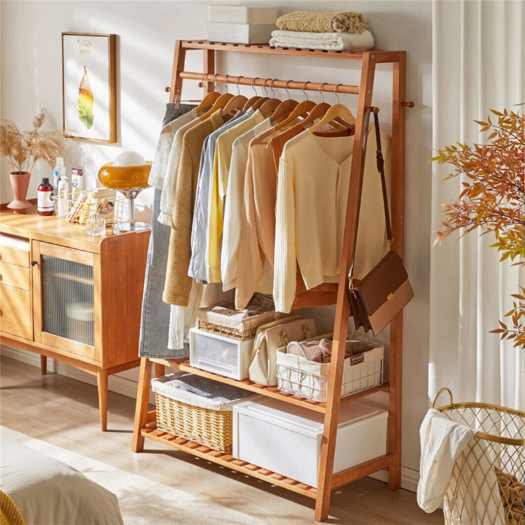 Bamboo Clothes Hanging Garment Rack Portable Laundry Rack Closet Storage Shelves V767-ZJJ174-G2
