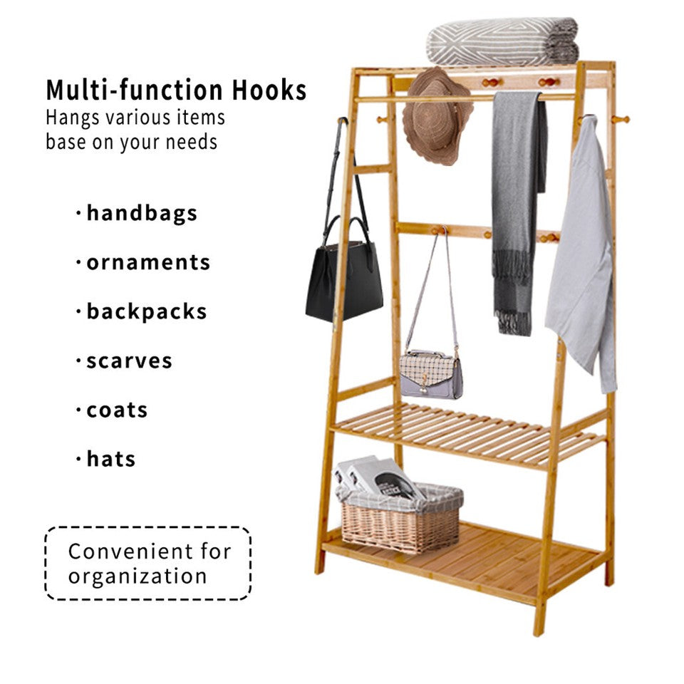 Bamboo Clothes Hanging Garment Rack Portable Laundry Rack Closet Storage Shelves V767-ZJJ174-G2
