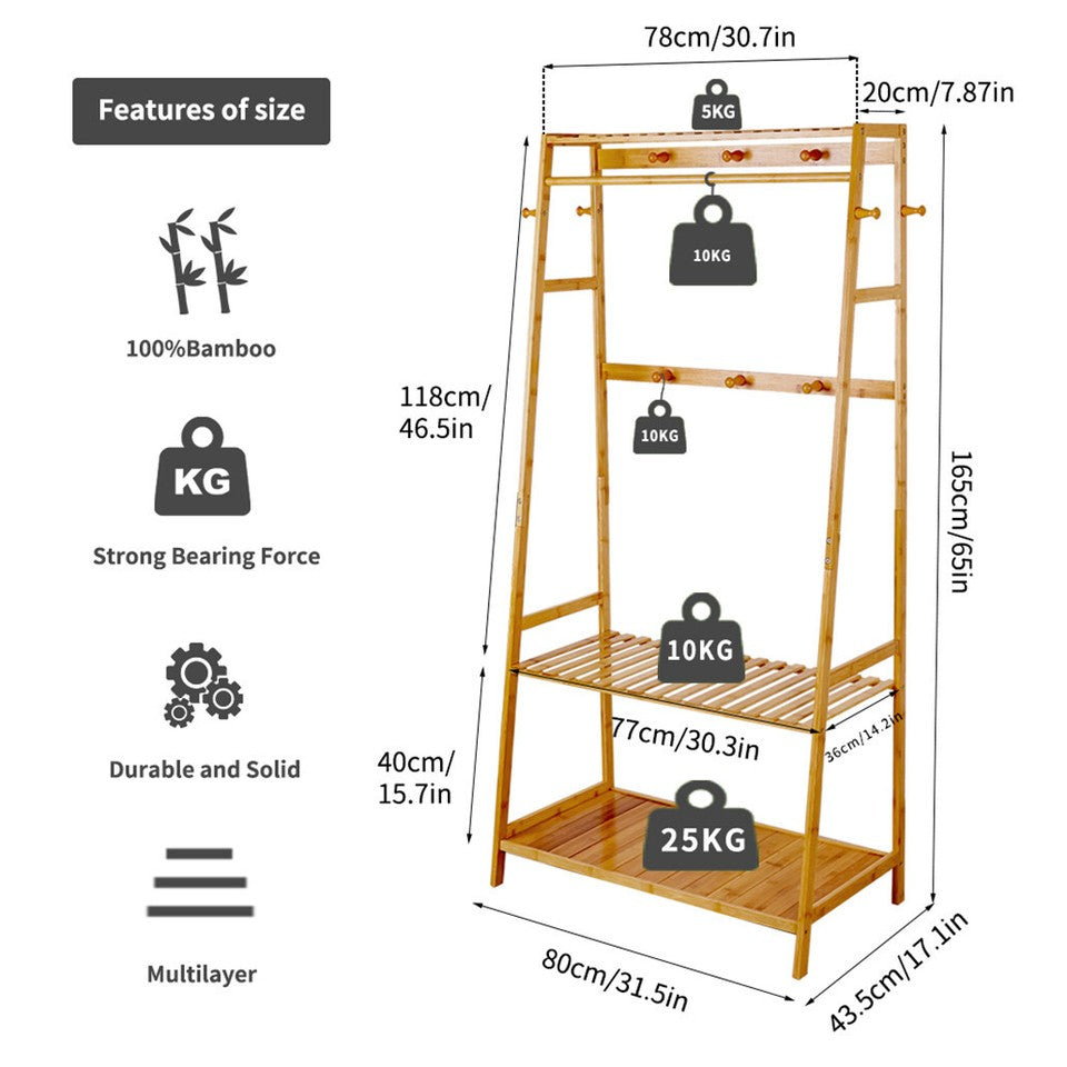 Bamboo Clothes Hanging Garment Rack Portable Laundry Rack Closet Storage Shelves V767-ZJJ174-G2