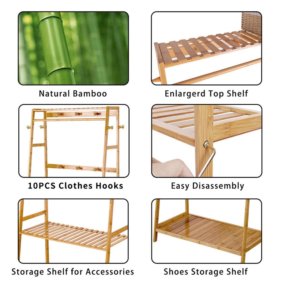 Bamboo Clothes Hanging Garment Rack Portable Laundry Rack Closet Storage Shelves V767-ZJJ174-G2