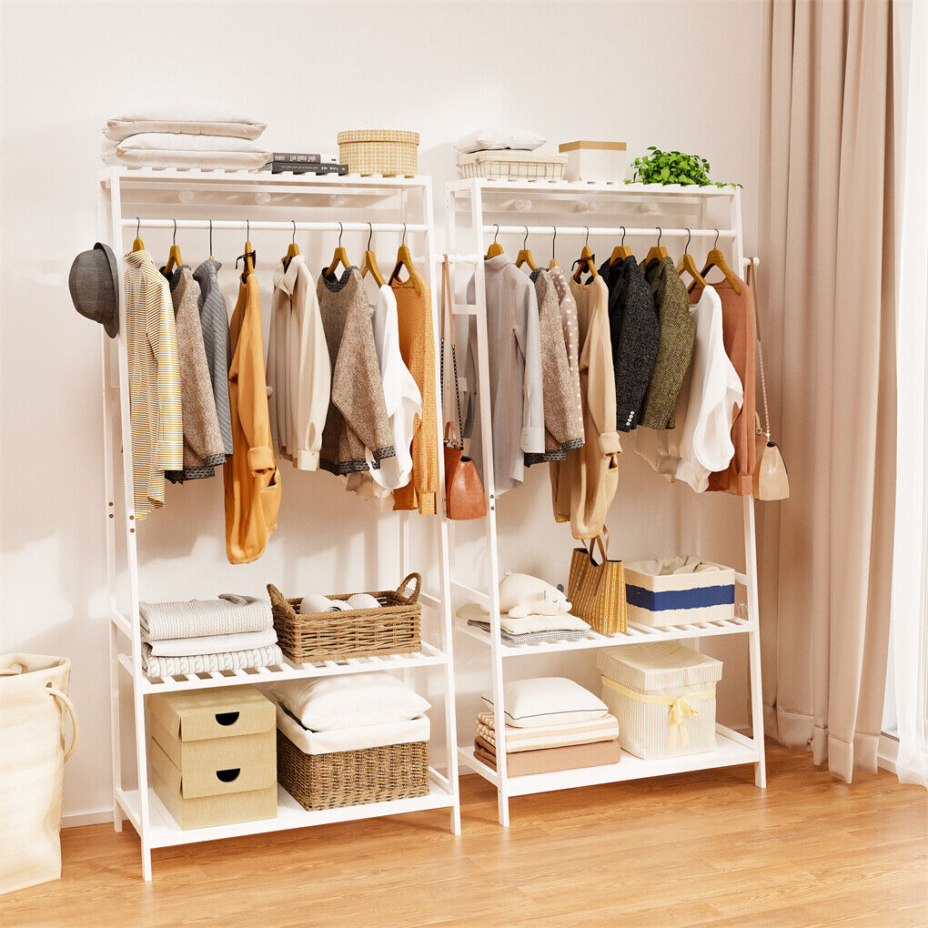 Large White Bamboo Garment Clothes Rack Shoes Coats Shelf w/ 3 Shelves & 10 Hook V767-ZJJ174-WT