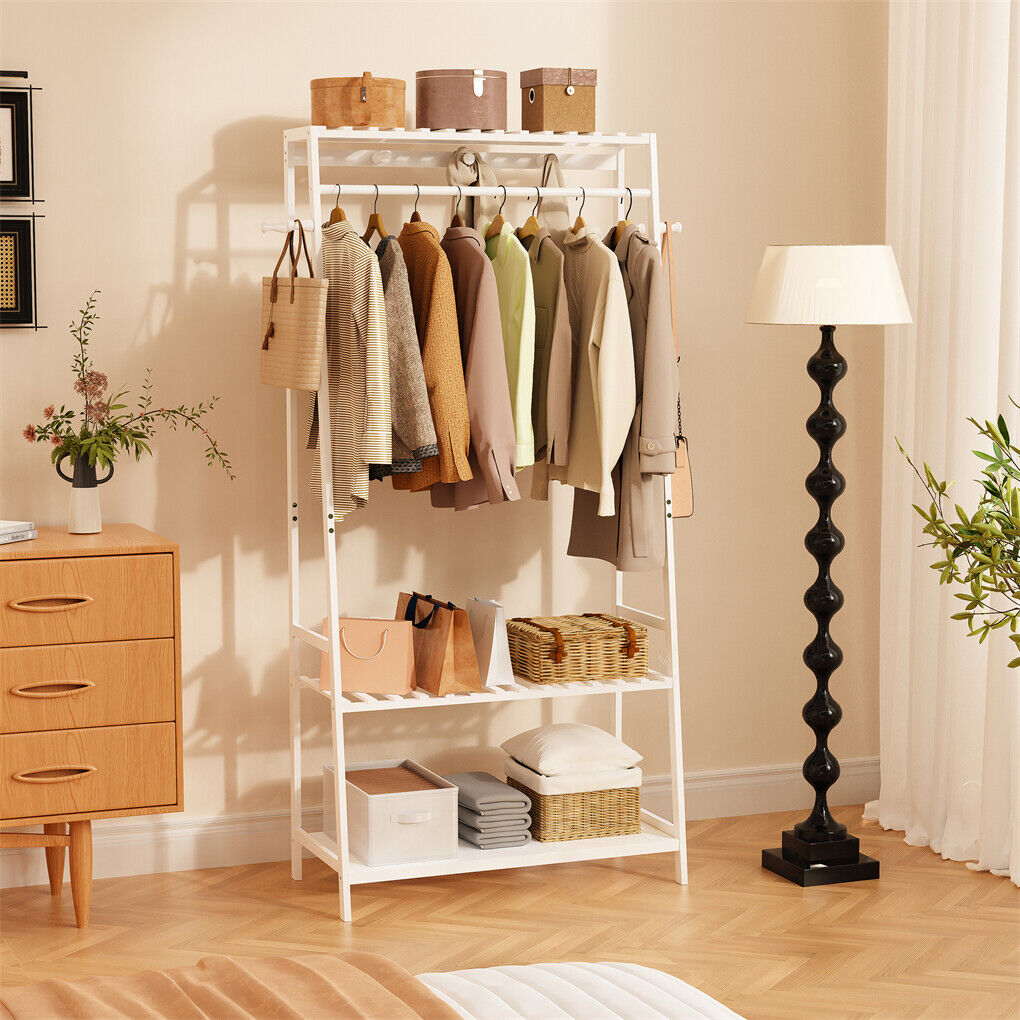 Large White Bamboo Garment Clothes Rack Shoes Coats Shelf w/ 3 Shelves & 10 Hook V767-ZJJ174-WT