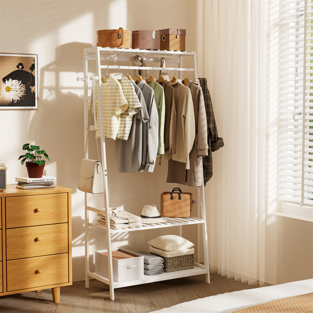 Large White Bamboo Garment Clothes Rack Shoes Coats Shelf w/ 3 Shelves & 10 Hook V767-ZJJ174-WT