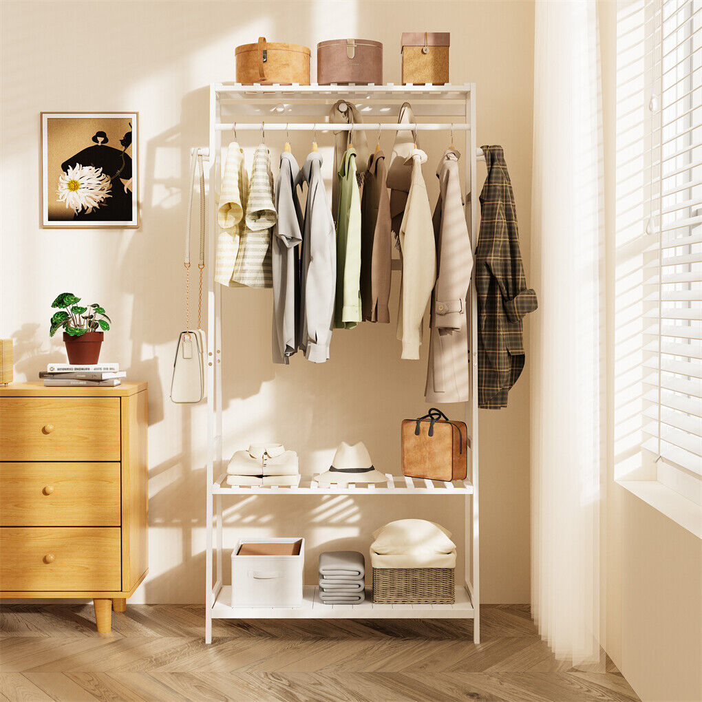 Large White Bamboo Garment Clothes Rack Shoes Coats Shelf w/ 3 Shelves & 10 Hook V767-ZJJ174-WT
