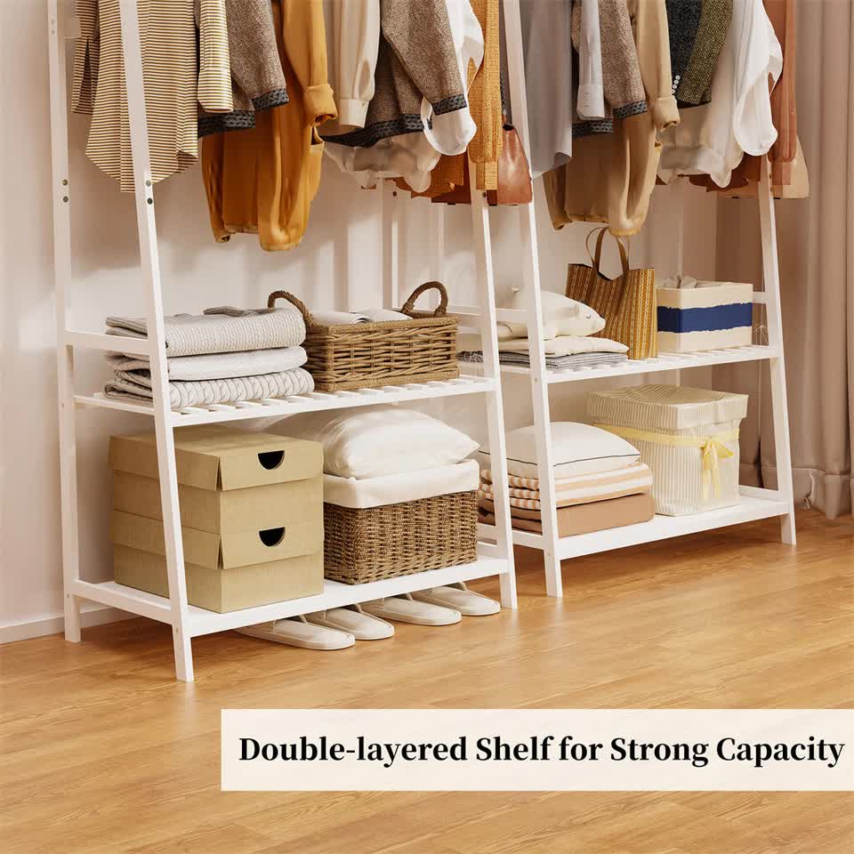 Large White Bamboo Garment Clothes Rack Shoes Coats Shelf w/ 3 Shelves & 10 Hook V767-ZJJ174-WT